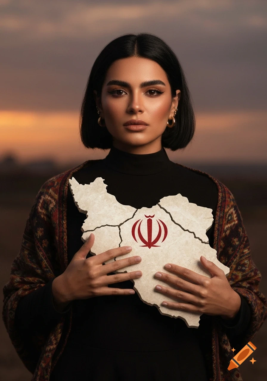 A woman with dark hair holds a textured map of Iran featuring its national emblem, against a warm sunset.