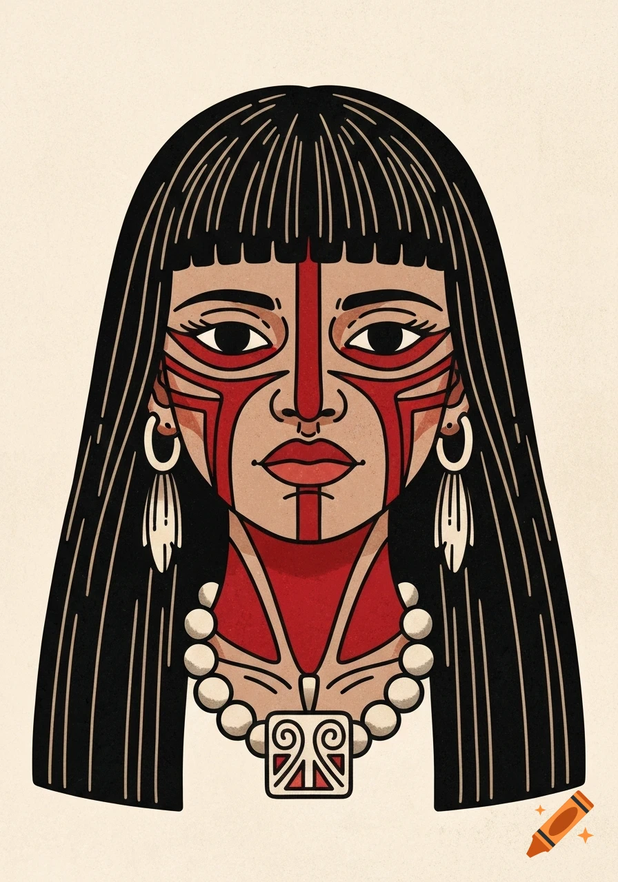 Stylized frontal portrait of an Indigenous Caribbean woman with long black hair, red ceremonial face paint, and a beaded necklace with a symbolic pendant.