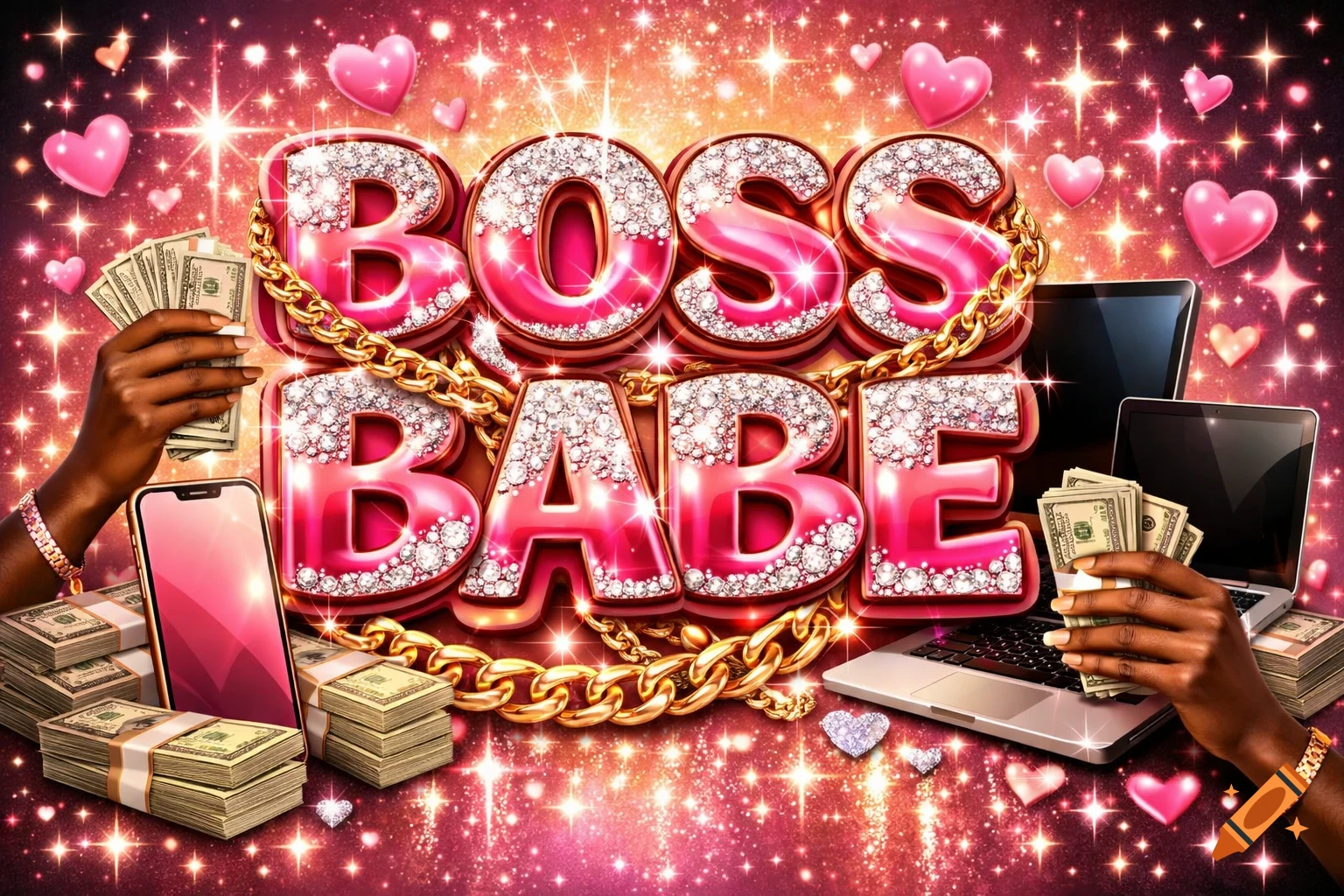 Sparkly pink and gold 'BOSS BABE' text with diamonds, chains, cash, phones, and laptops on a glittering background.