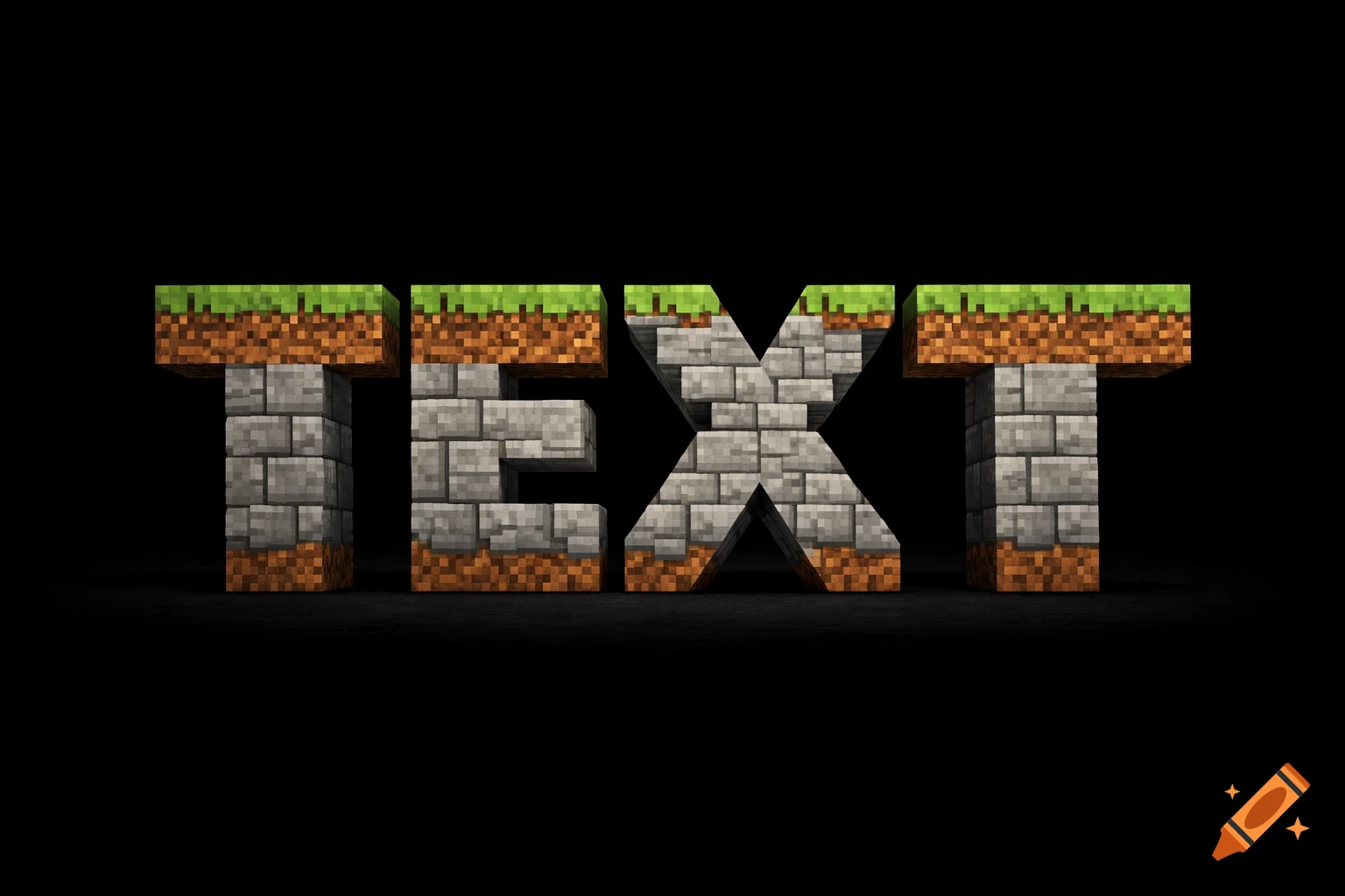 The word 'TEXT' rendered in a Minecraft style with stone bricks and grass blocks on a dark background.