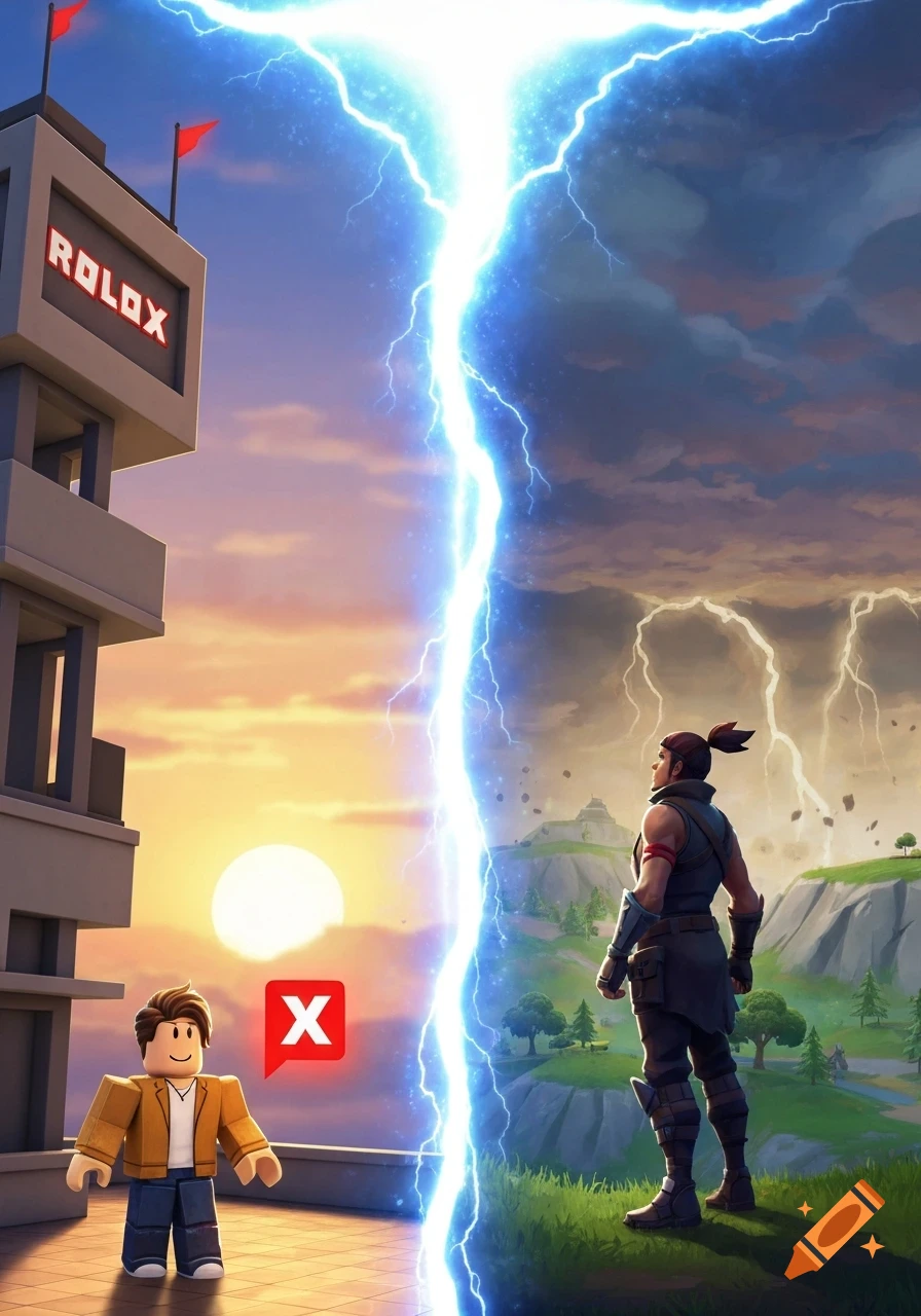 A Roblox character stands before a building with 'ROLOX' text and a red X icon, facing a Fortnite character across a glowing lightning rift separating two distinct landscapes at sunset.