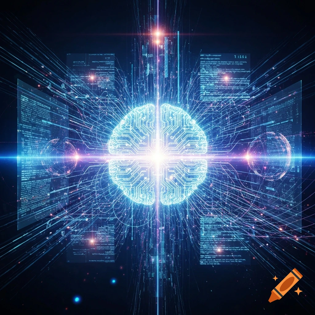 A glowing blue circuit board brain at the center of a dark, futuristic scene, surrounded by streams of light and digital data displays.