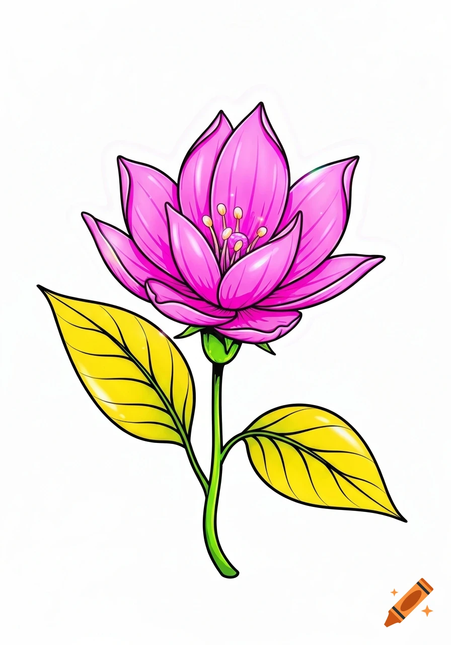 A vibrant pink flower with yellow leaves and a green stem, illustrated in a comic book style on a white background.