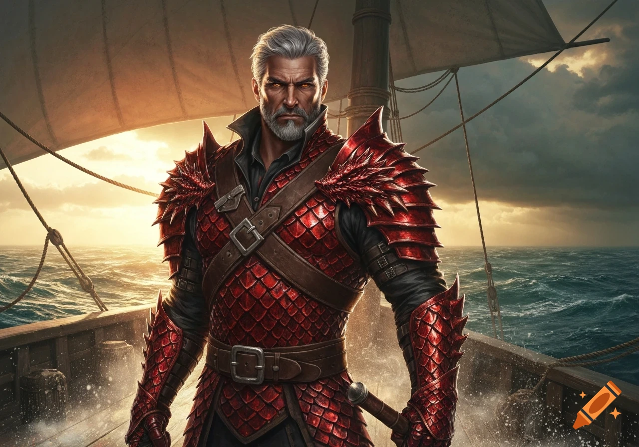 A stern, gray-haired man in red dragon scale armor stands on a pirate ship at sea, illuminated by a dramatic sunset.