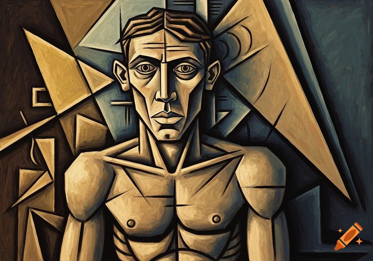 Cubist portrait of a man with geometric features in brown, beige, and dark blue tones.