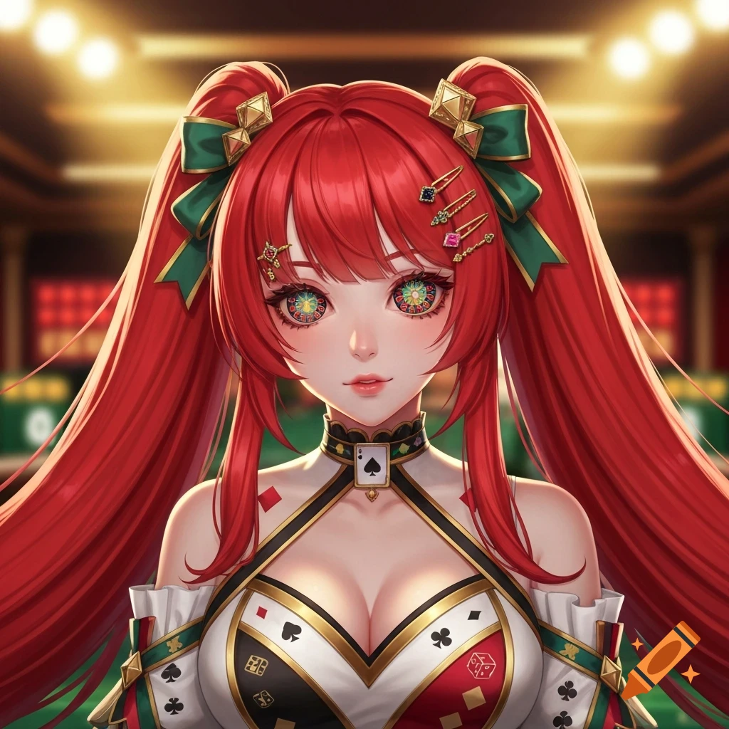 An anime VTuber character with long red pigtails, roulette eyes, and a casino-themed outfit, in a blurred casino background.