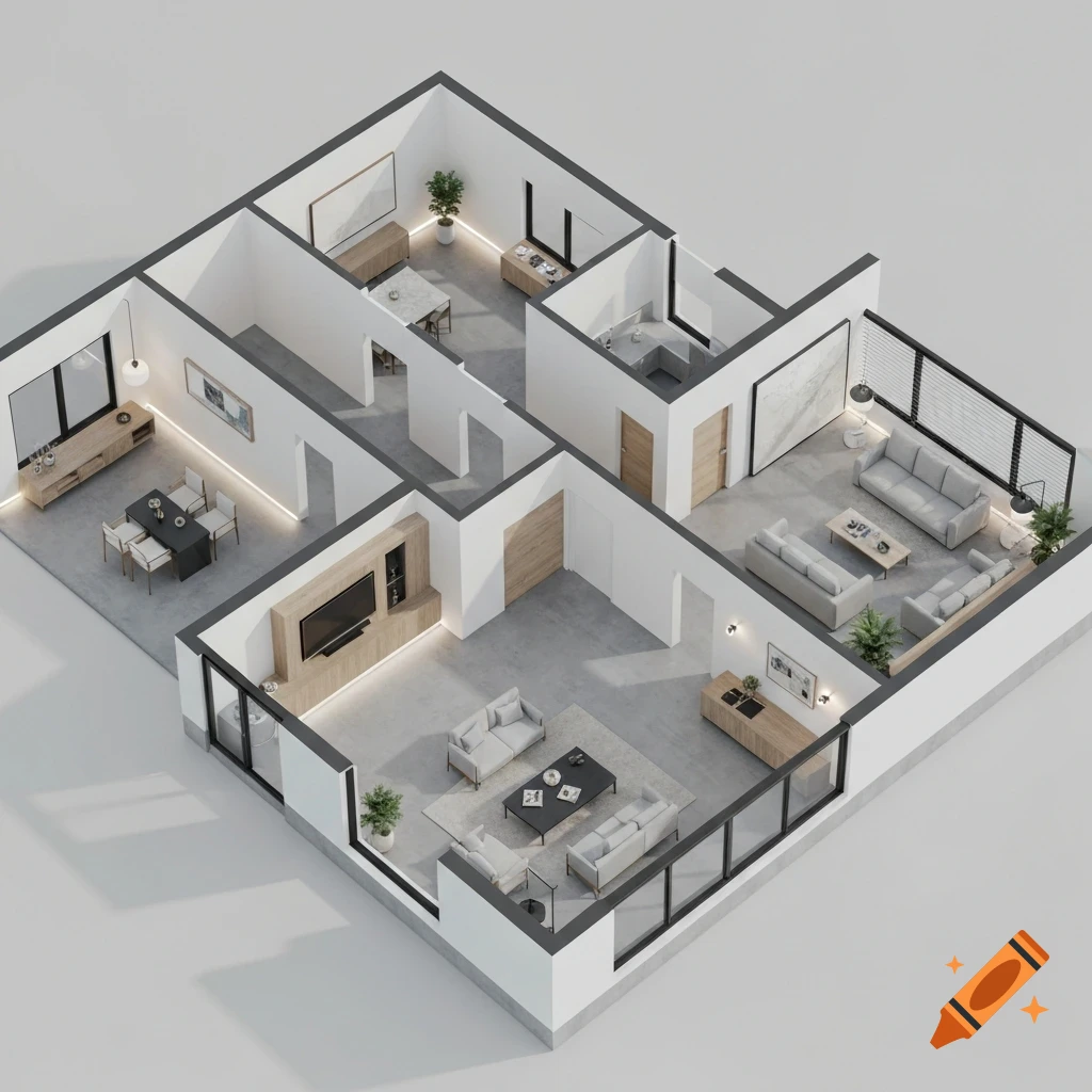 Isometric 3D floor plan of a modern apartment, showcasing living spaces, dining areas, and kitchen with minimalist furniture.