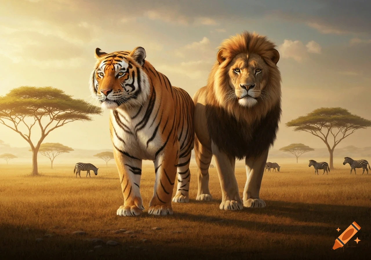 A tiger and a lion stand side-by-side in a golden savannah at sunset, with acacia trees and zebras in the background, photorealistic style.