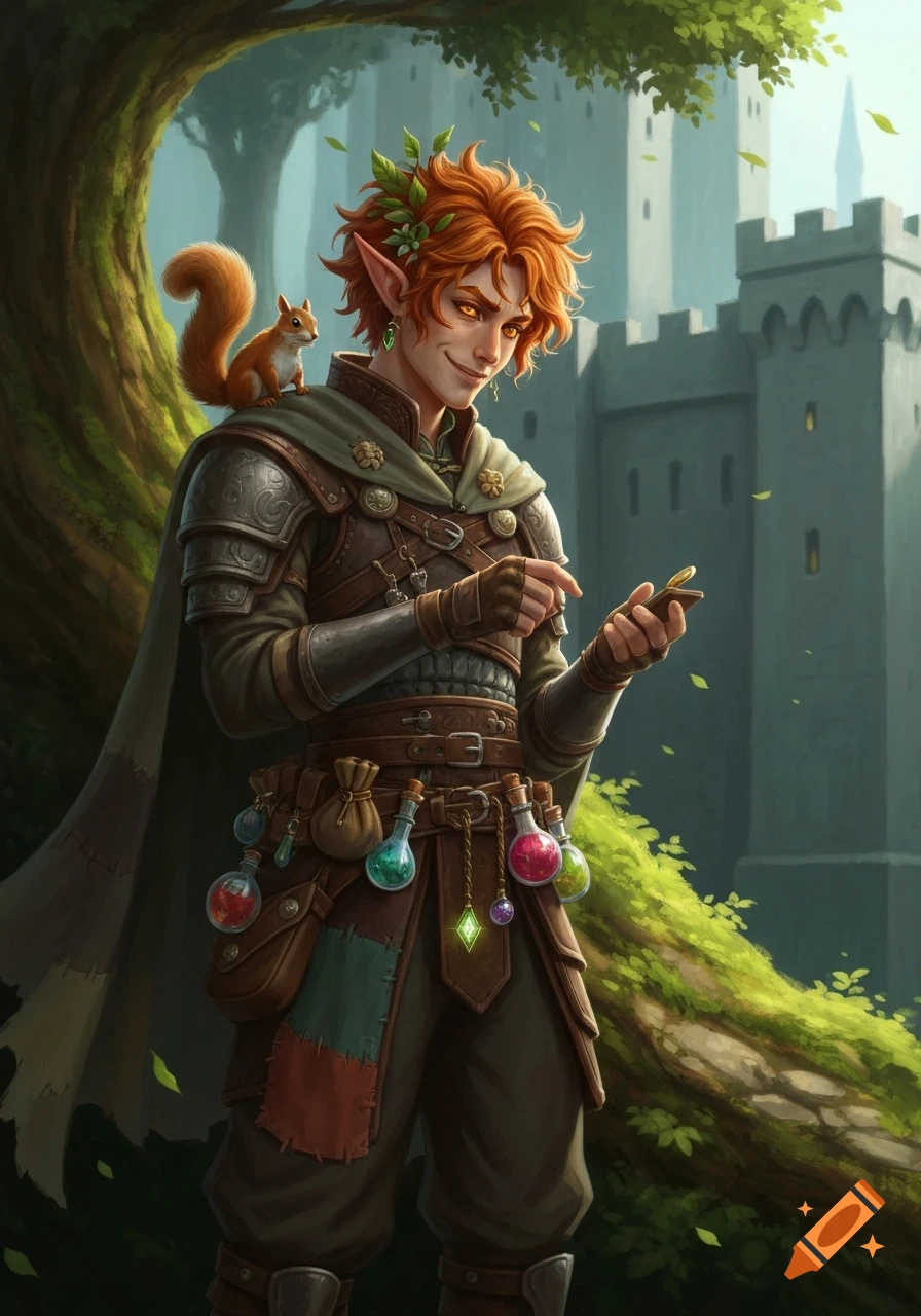 A ginger-haired half-elf druid in leather armor smiles slyly while counting coins, a squirrel on his shoulder, against a fantasy forest and castle.