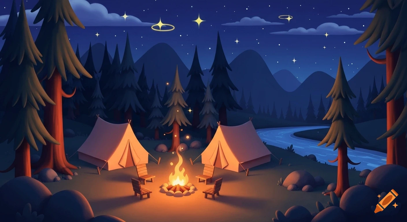 Cartoon nighttime campsite with two glowing tents, a campfire, chairs, pine trees, mountains, and a river under a starry sky.