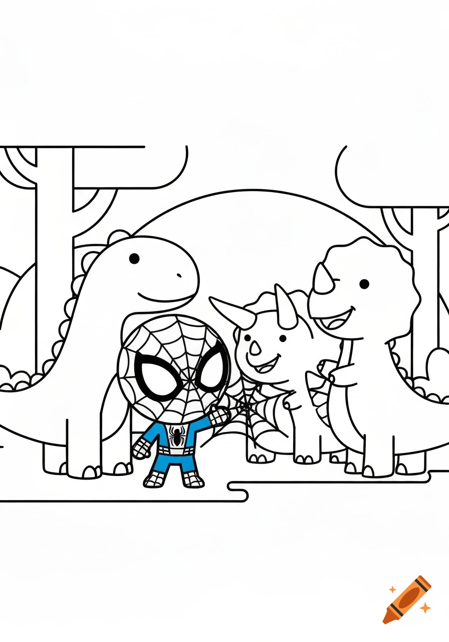 A cartoon coloring page of chibi Spiderman standing with three friendly dinosaurs in a jungle setting.