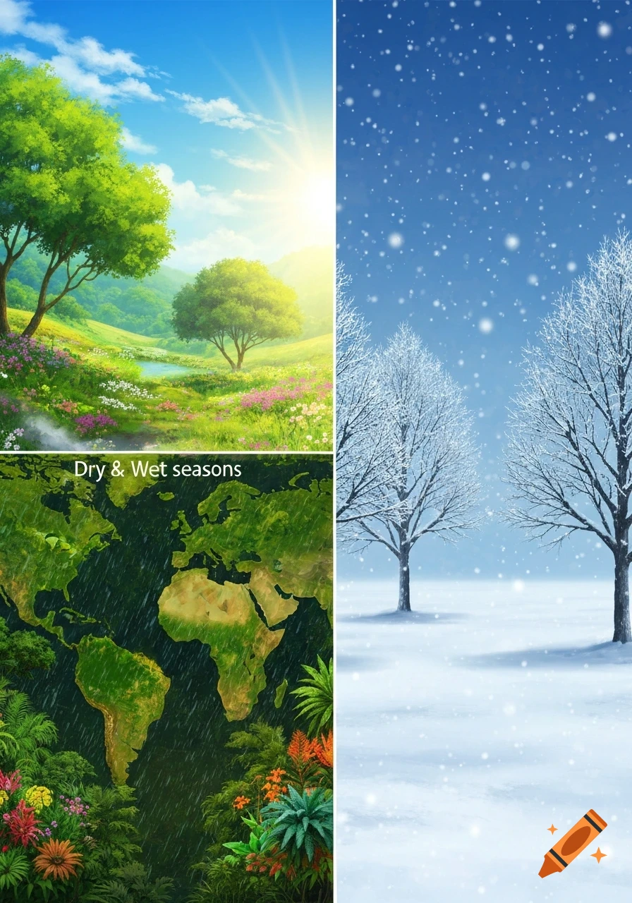 A split image depicting sunny spring, snowy winter, and a world map with 'Dry & Wet seasons' text surrounded by tropical plants.