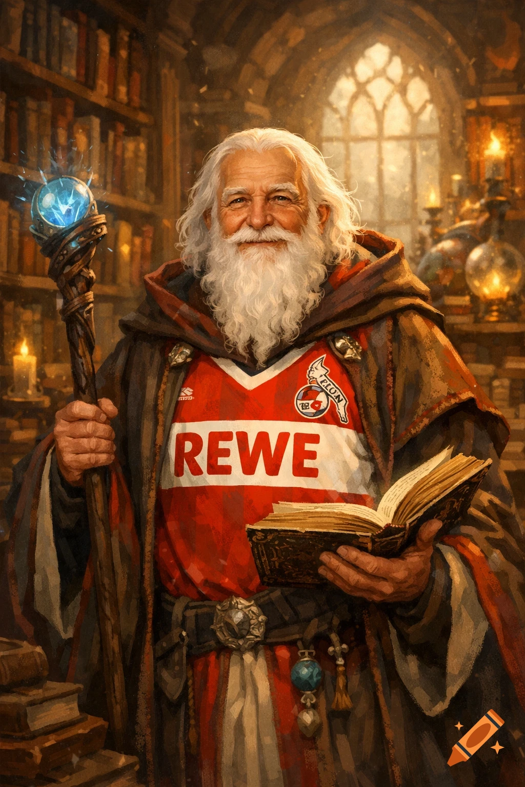 A smiling old wizard with a long white beard, wearing a brown robe and a red and white football jersey, holding a glowing staff and an open book in a dimly lit library.