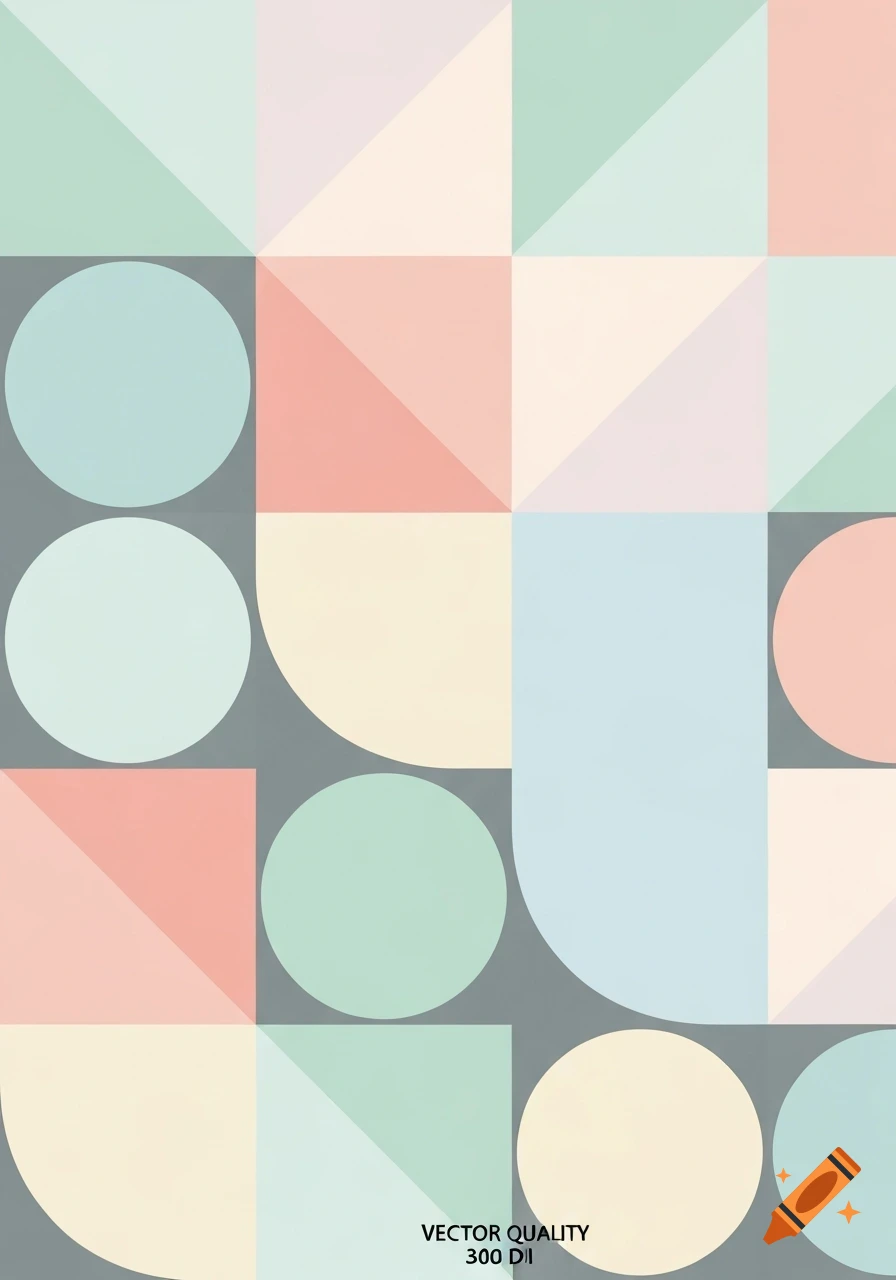 Minimalist geometric pattern in soft pastel colors with squares, triangles, circles, and semicircles on a gray background.