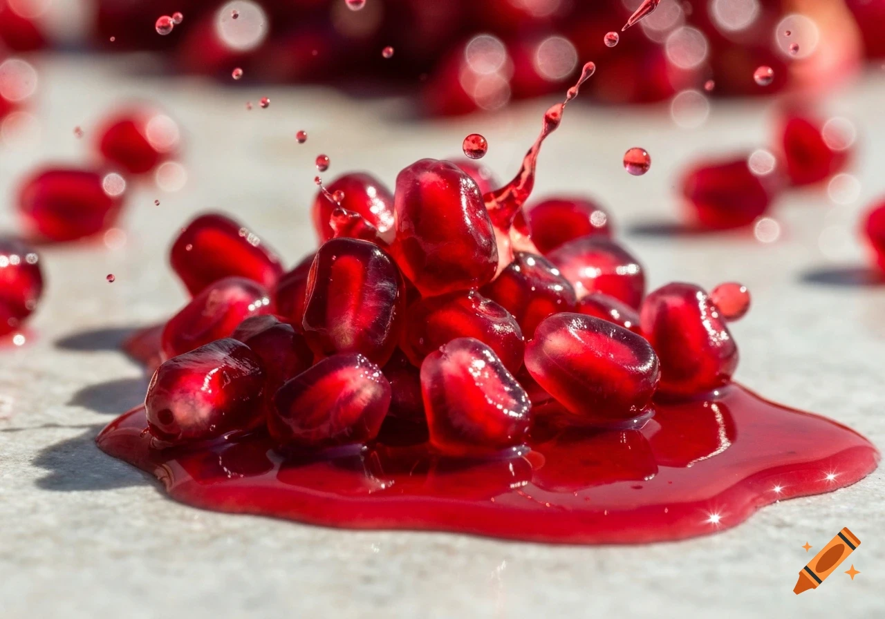 Close-up of vibrant red pomegranate seeds and juice splashing on a light surface, illuminated by natural light