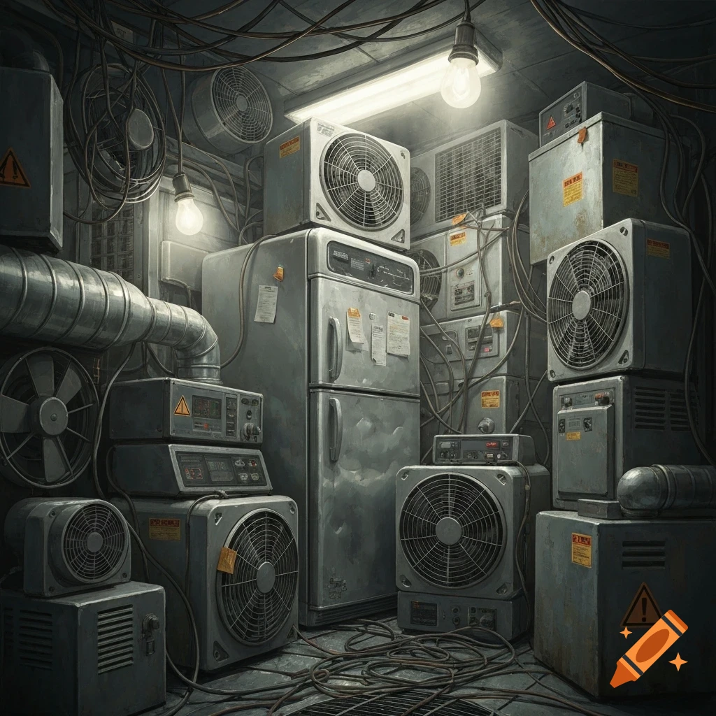 A cluttered, grimy room filled with industrial fans, refrigeration units, and tangled wires, illuminated by bare bulbs.