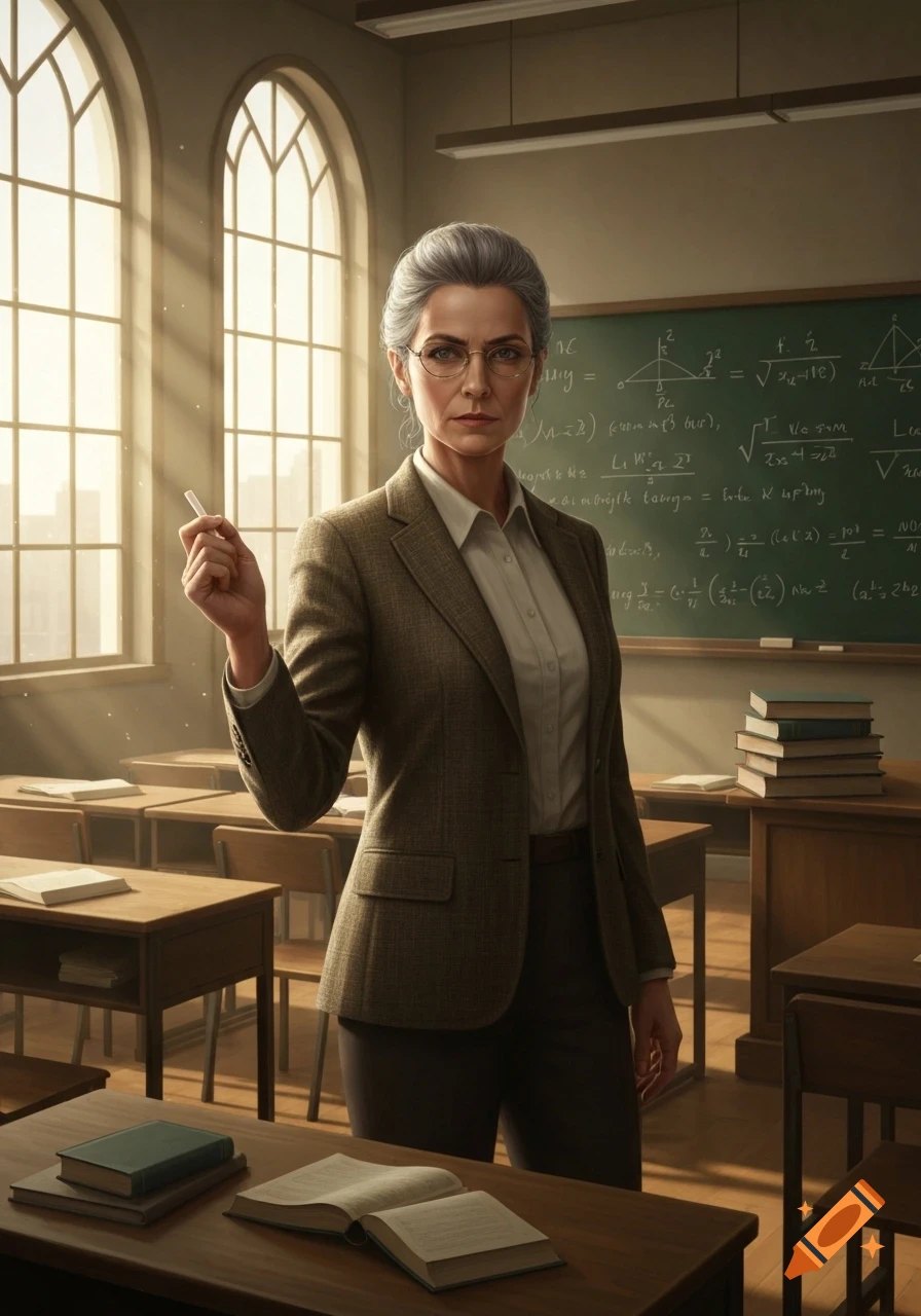 A stern female teacher with grey hair and glasses, wearing a brown suit, stands in a classroom holding chalk, with a blackboard of equations behind her.