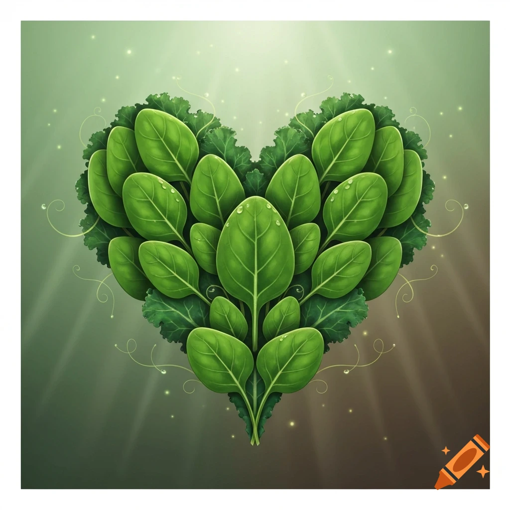 A vibrant green heart shape made of spinach and kale leaves with water droplets, set against a glowing green background.