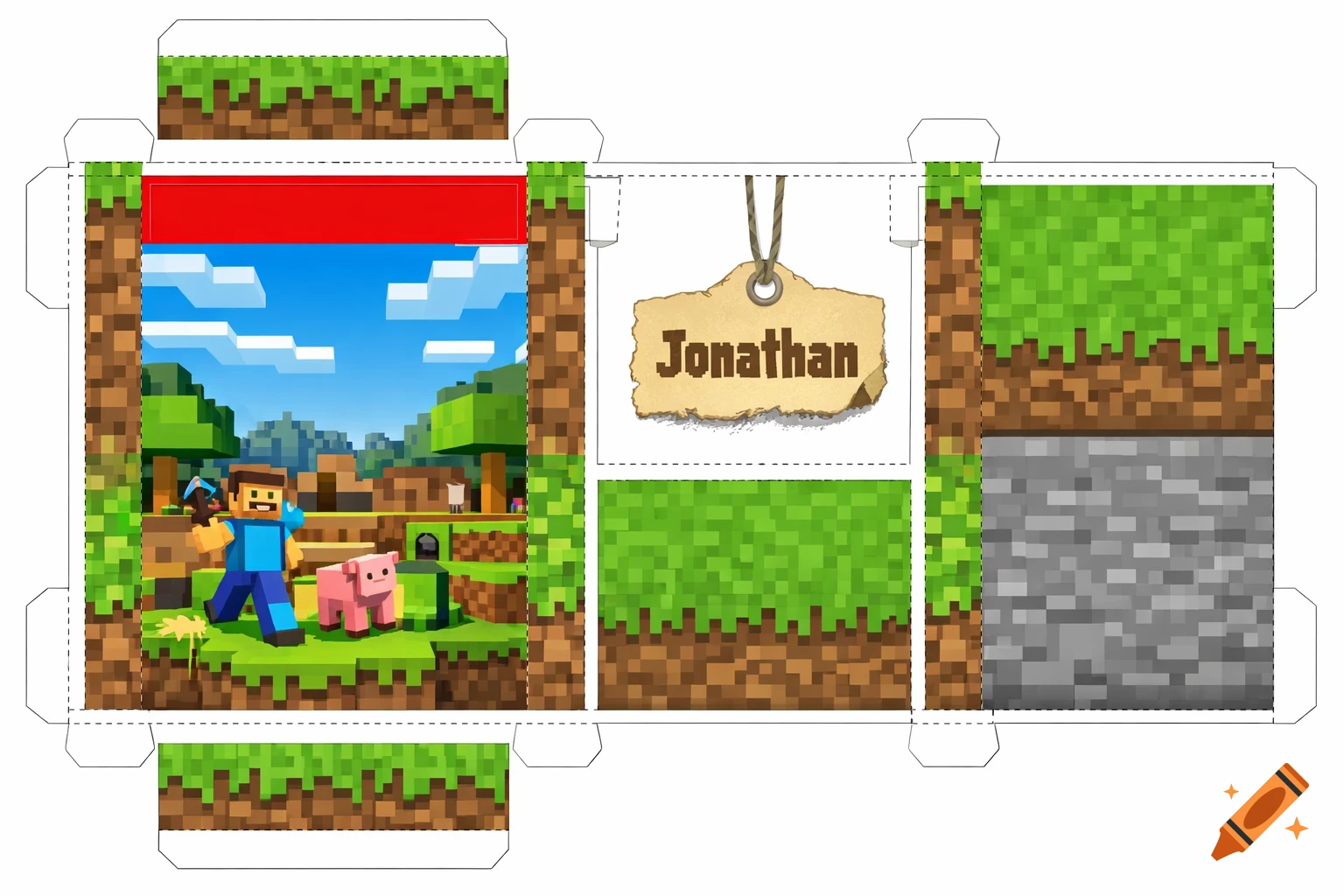 Minecraft-themed printable craft sheet with Steve and a pig in a pixelated landscape, and a 'Jonathan' name tag.