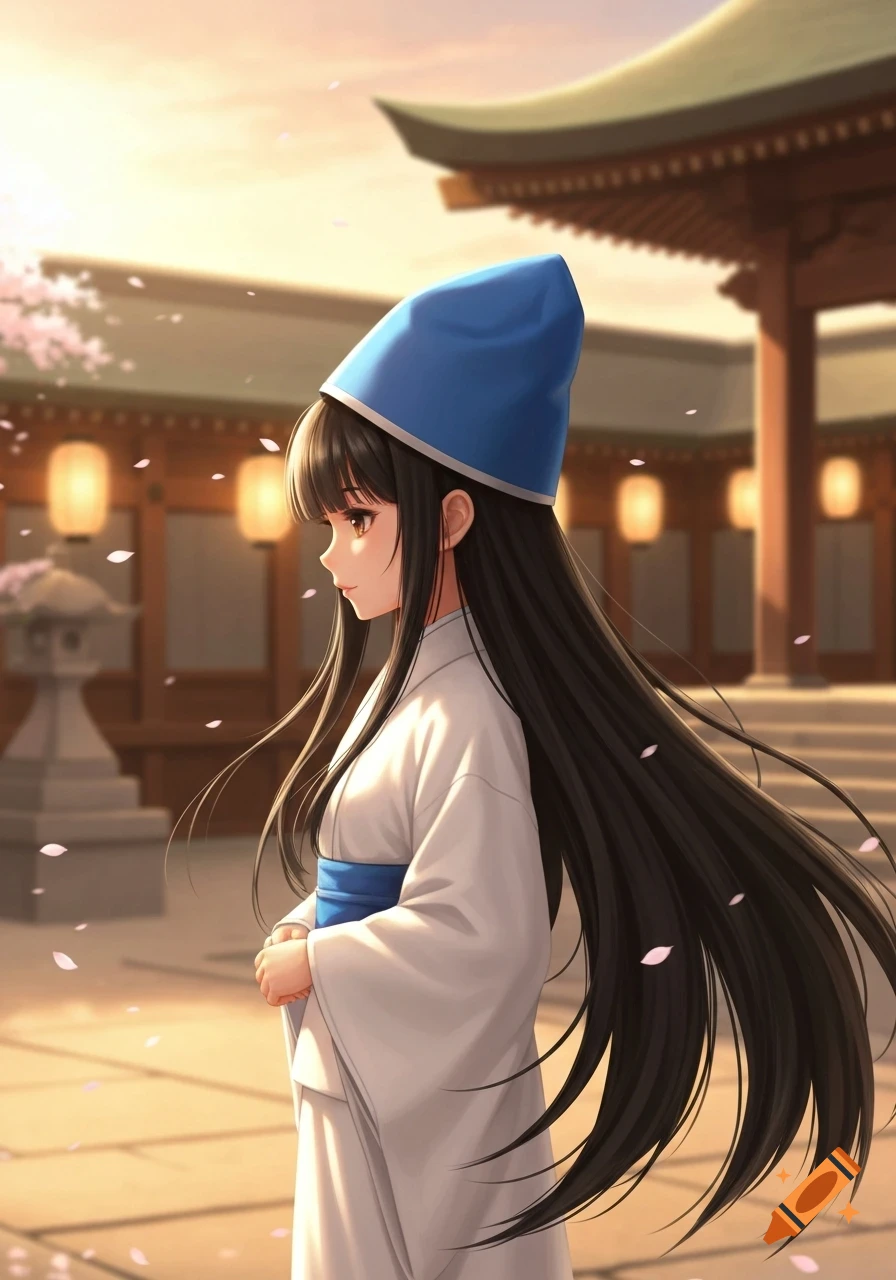 Anime girl with long black hair, blue hat, and white miko robe standing in a Japanese temple garden with falling cherry blossoms.