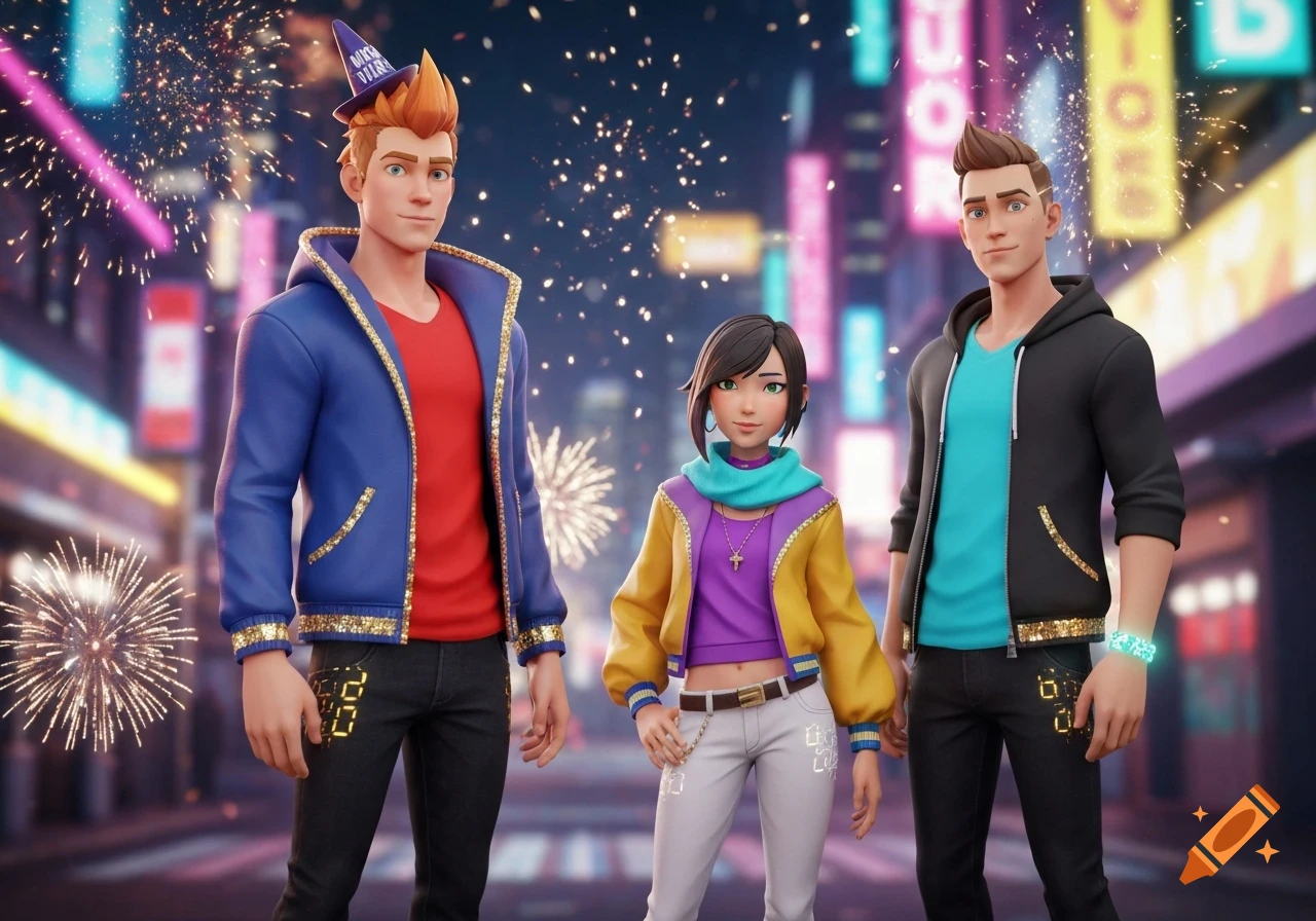 Three stylized 3D young adults, two males and one female, stand in a neon cyberpunk city at night with fireworks and confetti. They are dressed in colorful, high-tech fashion.