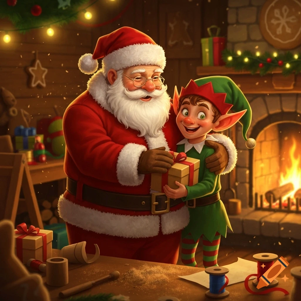 Smiling Santa Claus and an elf with a gift in a cozy, festive workshop with a fireplace, illustrated.
