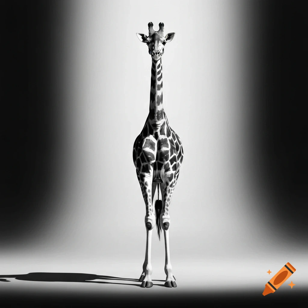 A full-body, front-on view of a black and white giraffe standing under a spotlight, casting a shadow.