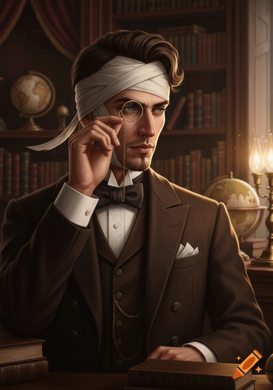 A bandaged Victorian man in a brown suit and bowtie, holding a monocle, in a dimly lit library.