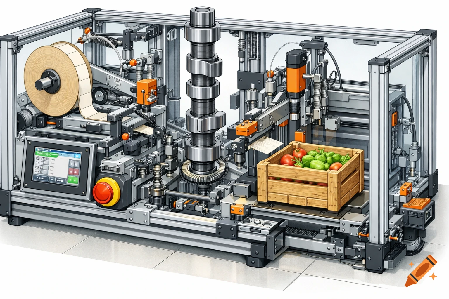 An isometric technical illustration of an industrial automatic labeling machine, showing internal mechanisms, a label roll, and a crate of vegetables.