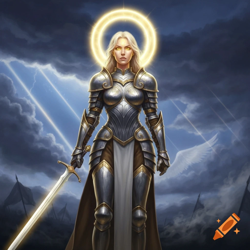 A blonde female warrior in ornate silver and gold armor, with a glowing halo and sword, stands against a stormy sky.