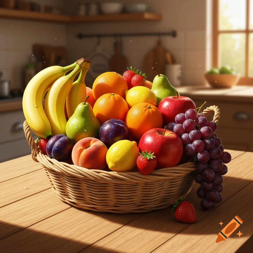 A wicker basket filled with fresh, colorful fruits including bananas, apples, oranges, grapes, and berries on a wooden table in a sunlit kitchen.