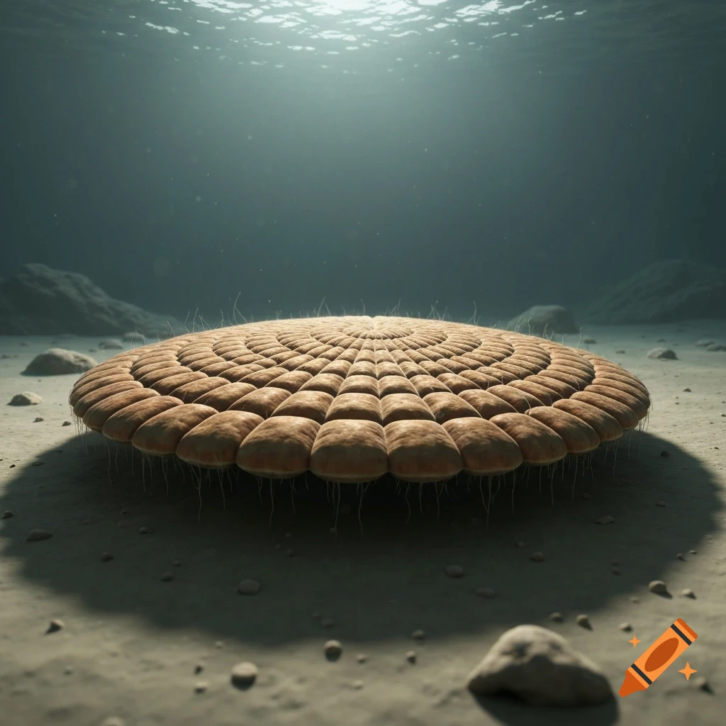 A disc-shaped, ribbed Dickinsonia-like organism rests on the sandy ocean floor, lit by sunlight from the surface.