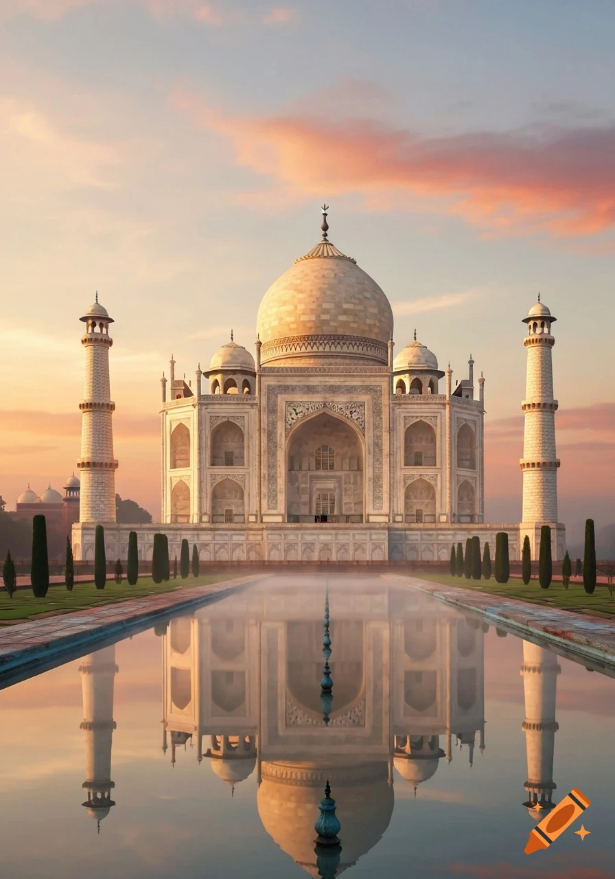 Photorealistic image of the Taj Mahal at sunrise, with its white marble structure reflected in a still pool.