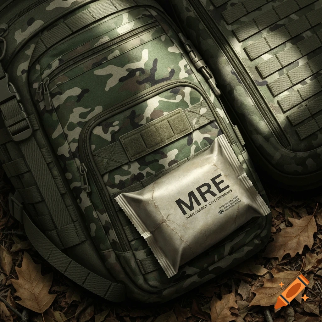 A military camouflage backpack with an MRE package on top, resting on dried leaves.