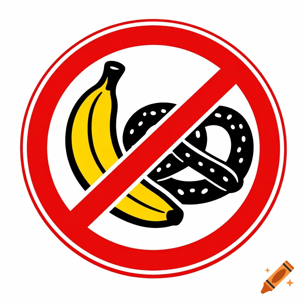A red circular prohibition sign with a diagonal line crossing out a yellow banana and a black pretzel.