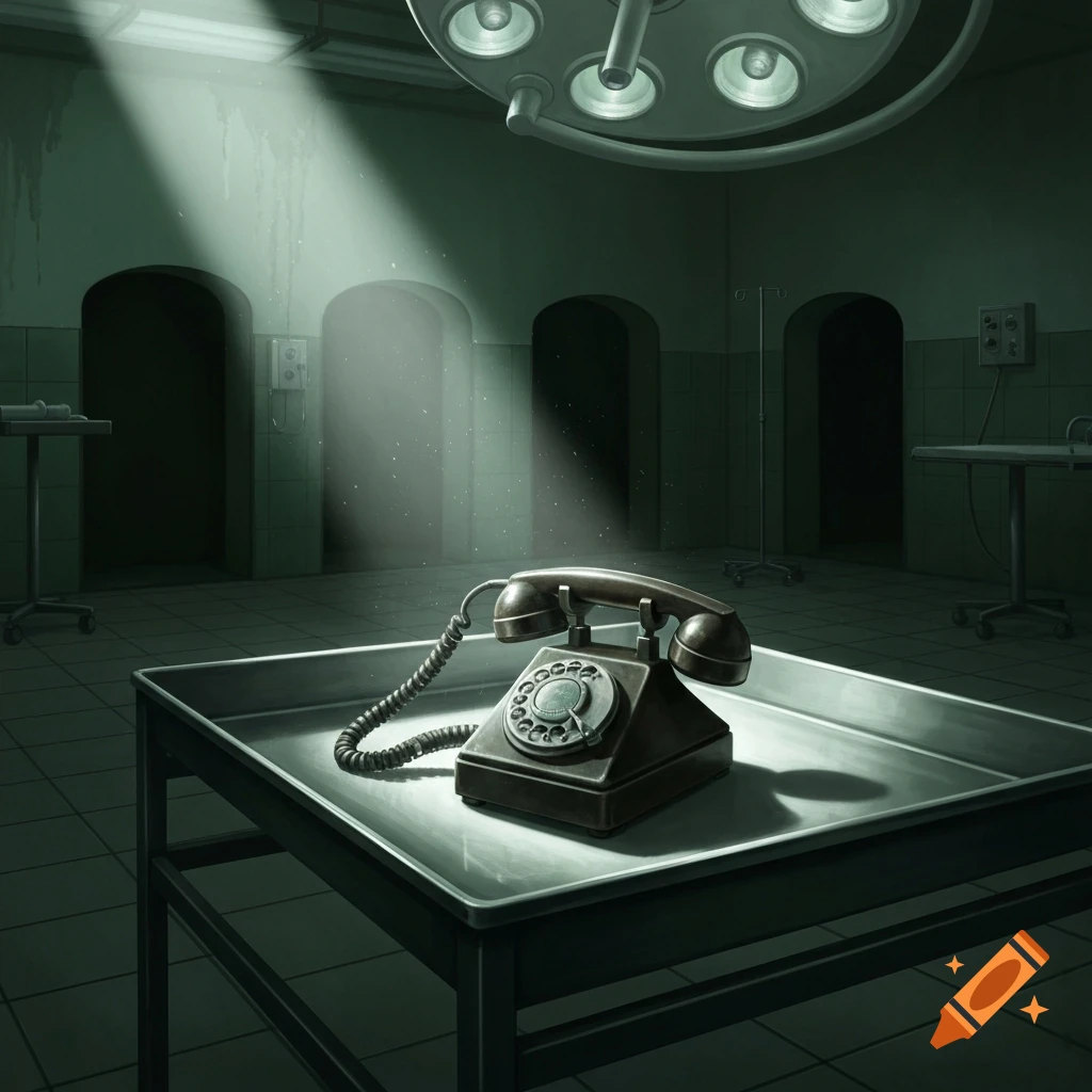 An old rotary phone rests on a surgical tray in a dimly lit, eerie operating room, illuminated by a spotlight.
