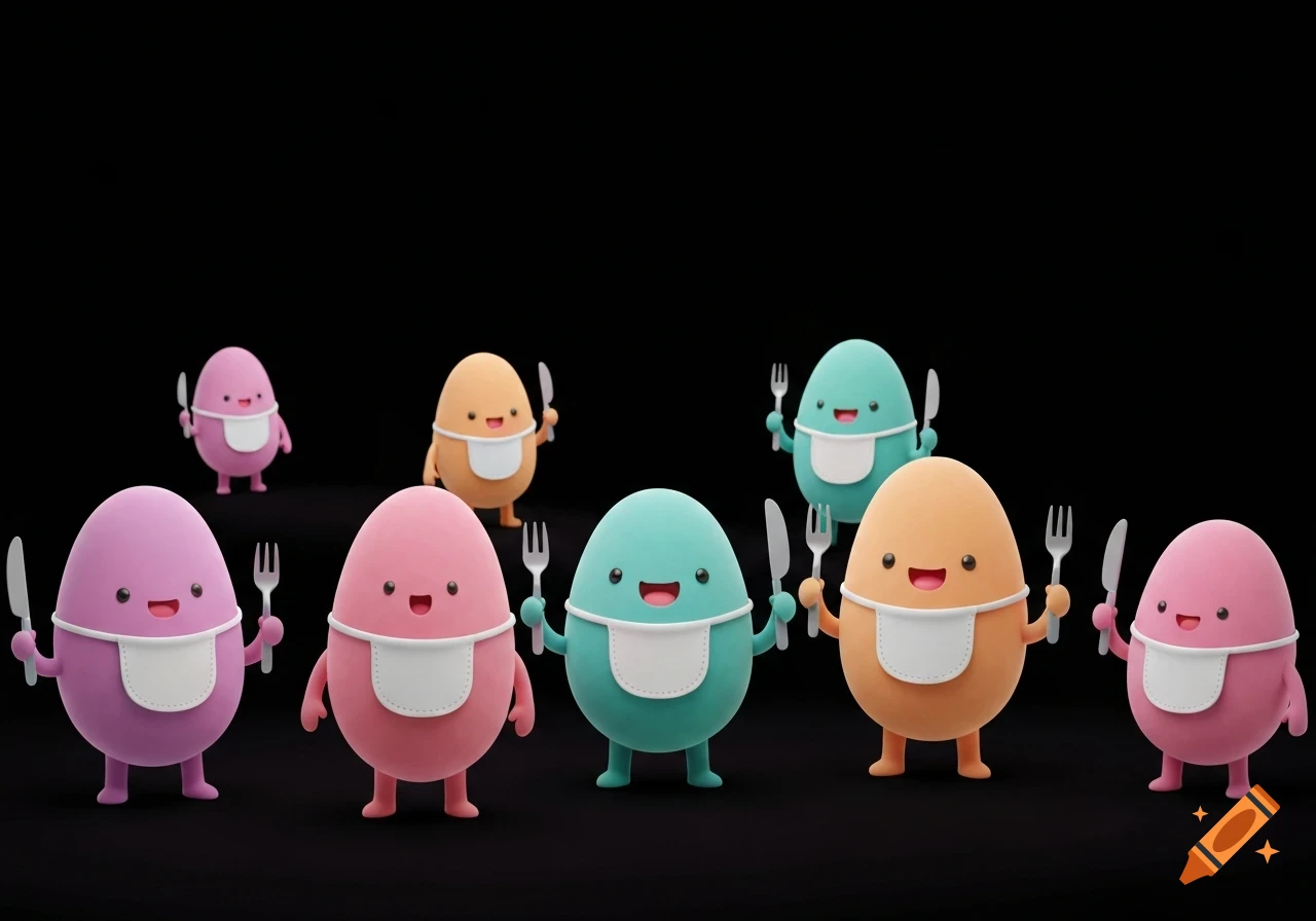 Several colorful, smiling, egg-shaped cartoon characters with bibs hold forks and knives against a black background.
