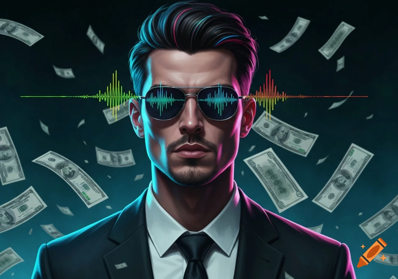 A stylized portrait of a man in a suit and sunglasses with colorful sound wave lines across his face, surrounded by falling dollar bills.