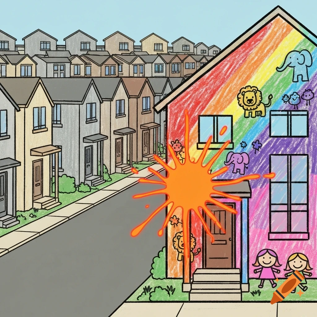 A childlike crayon illustration of a neighborhood street with dull houses and one vibrant rainbow house featuring cartoon animals, girls, and an orange paint splash.