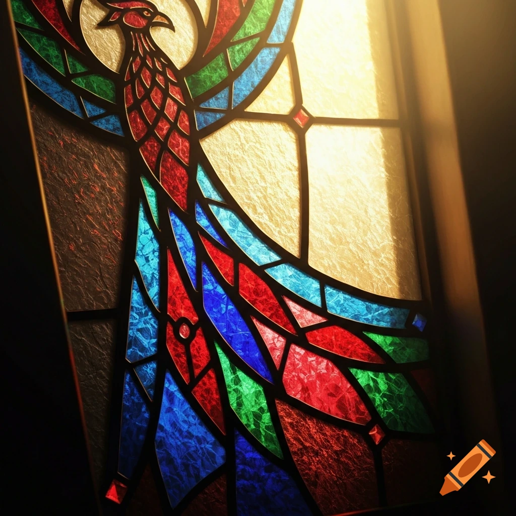 A vibrant stained glass window depicting a majestic red, blue, and green phoenix with light shining through.