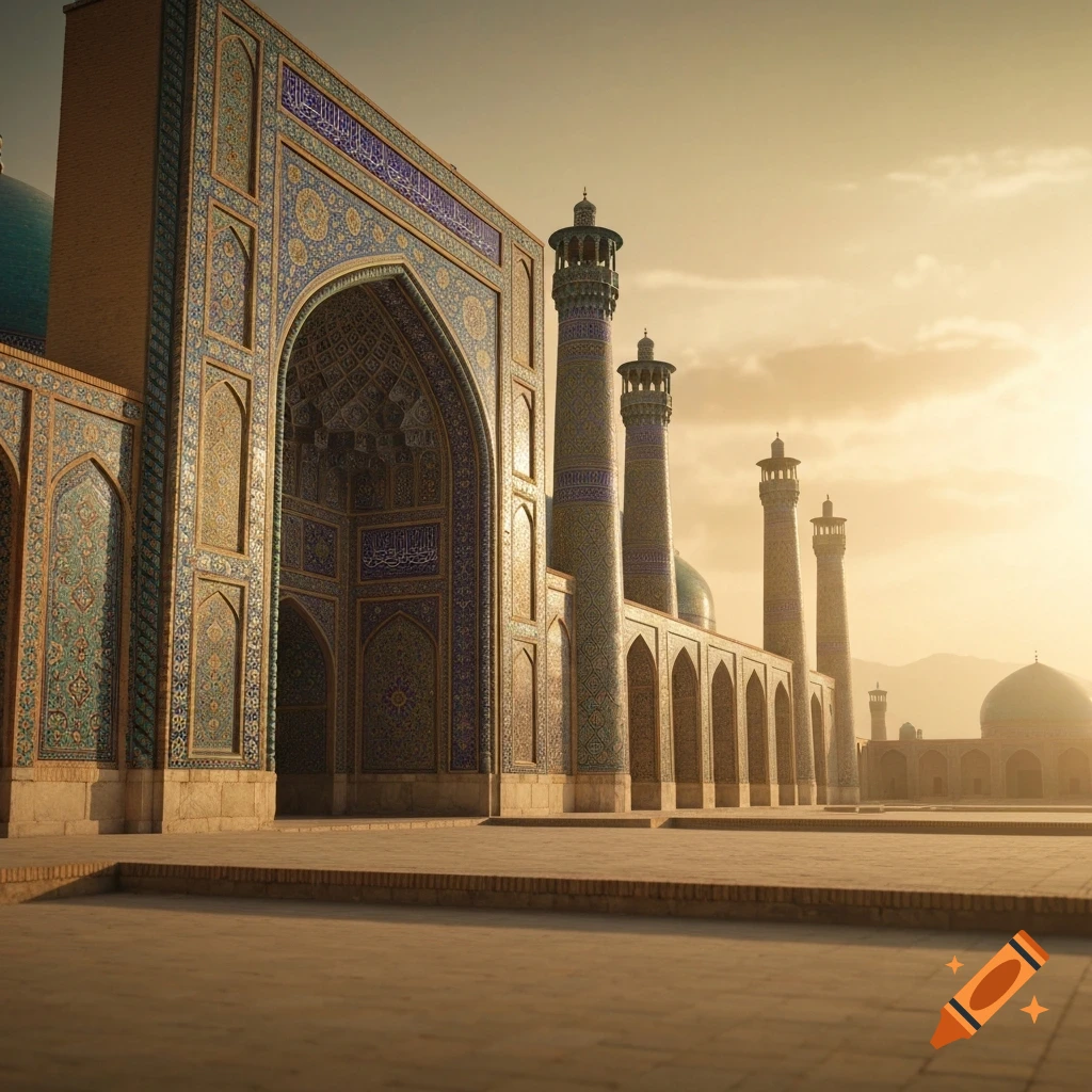Grand mosque with intricate blue and gold tiled facade, tall minarets, and a vast courtyard under a hazy, golden sky.