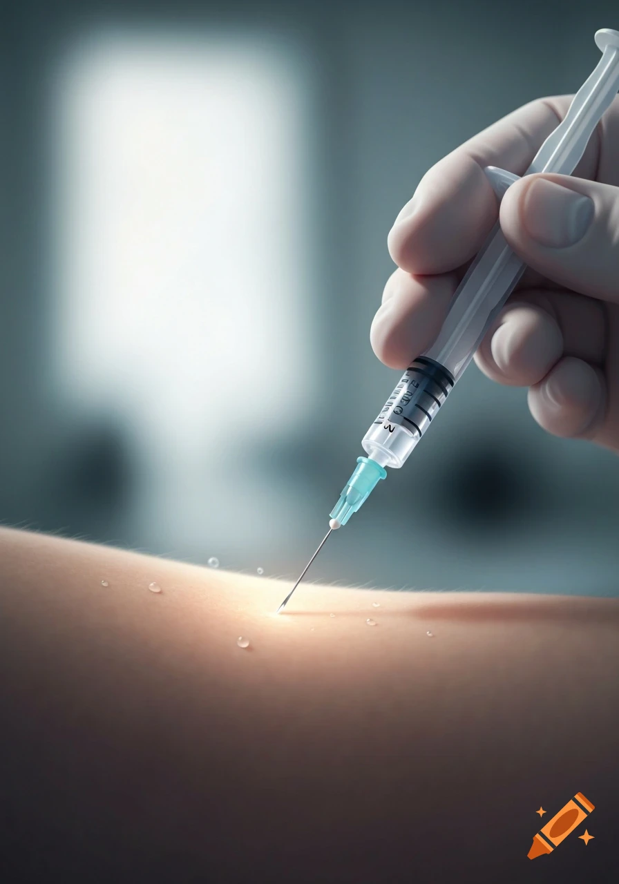 A close-up shot of a hand in a glove holding a syringe, injecting into a person's arm.