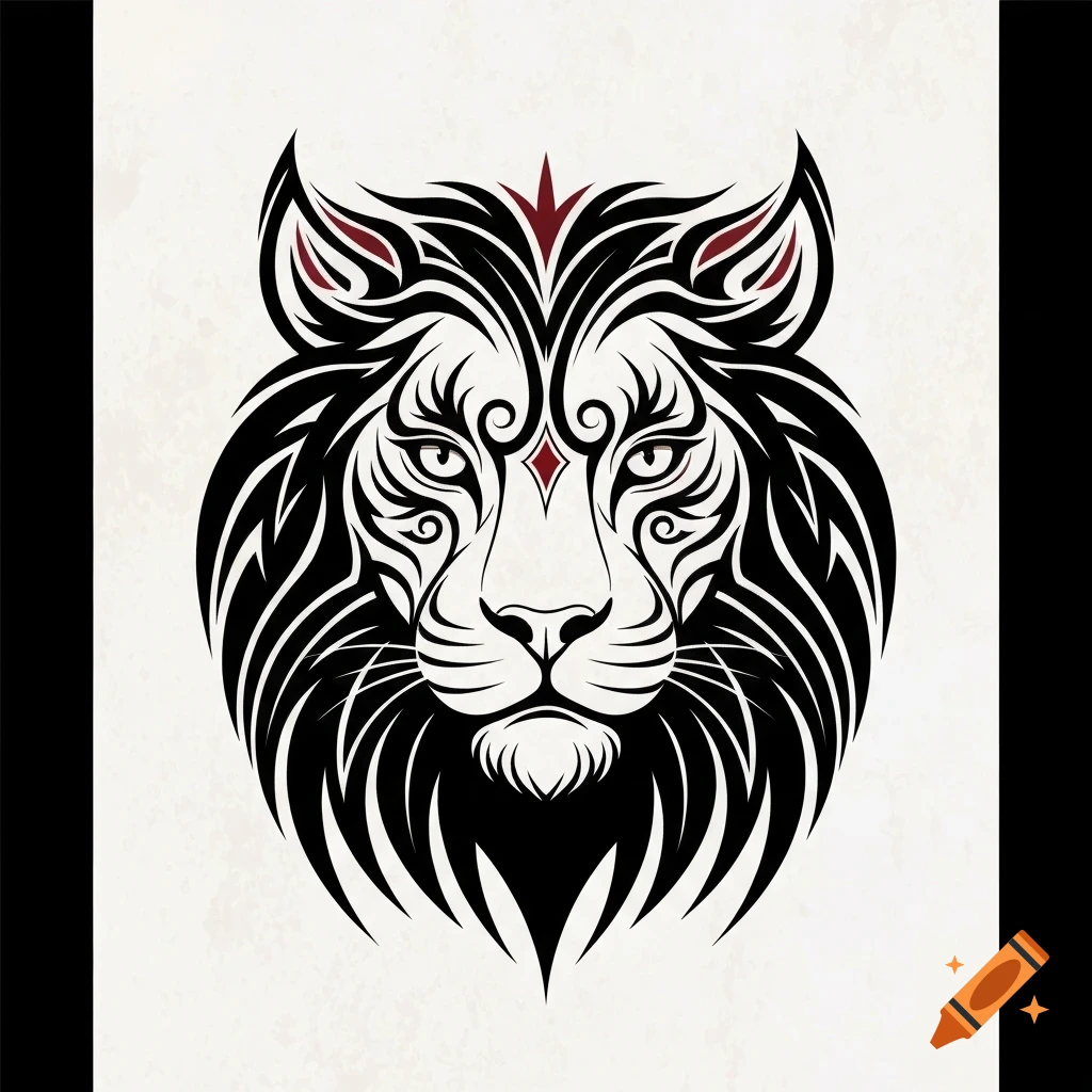 A stylized tribal art illustration of a lion or cat head in black with subtle red accents, on a light textured background.