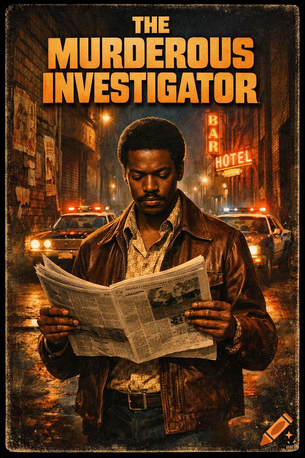 A 1970s neo-noir film poster shows a Black man reading a newspaper on a dimly lit street with police cars, titled "THE MURDEROUS INVESTIGATOR".