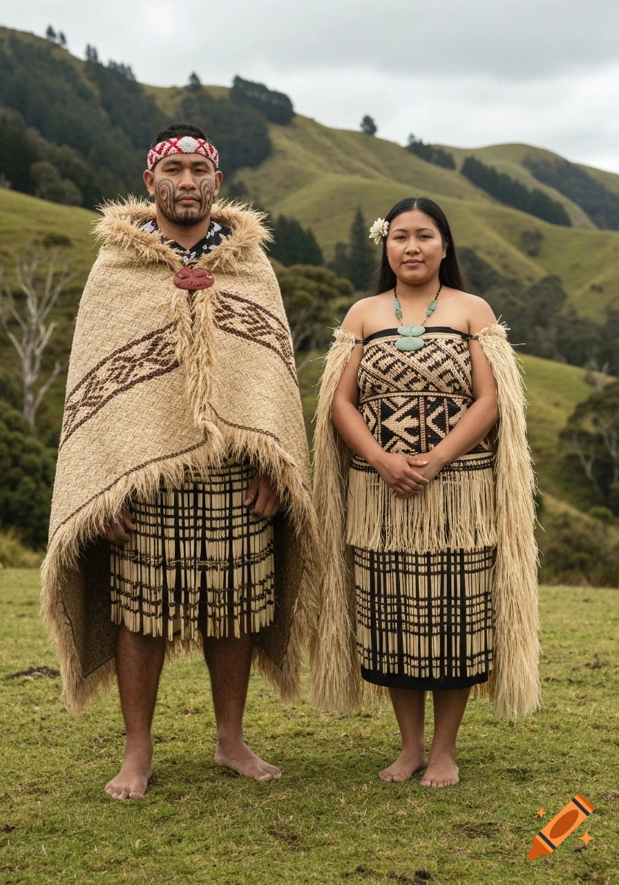 Two Māori people in traditional woven clothing with tā moko stand in a grassy New Zealand landscape.
