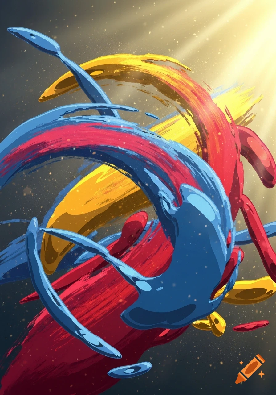 Dynamic abstract art with glossy red, blue, and yellow paint strokes swirling against a dark, glowing background.