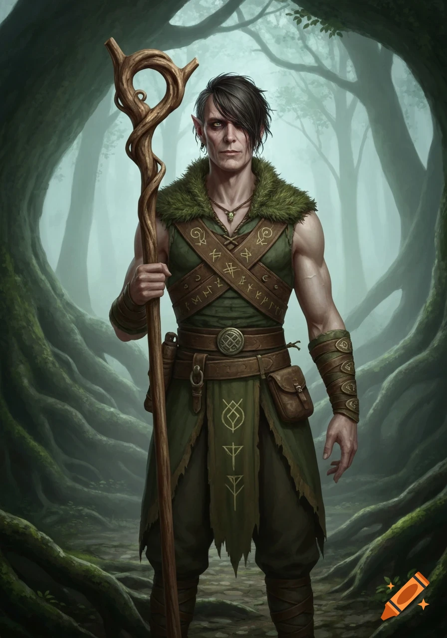 A dark-haired male druid with pale skin and pointed ears, clad in green and brown attire with fur and leather, holding a gnarled wooden staff in a misty forest. Realistic fantasy art style.