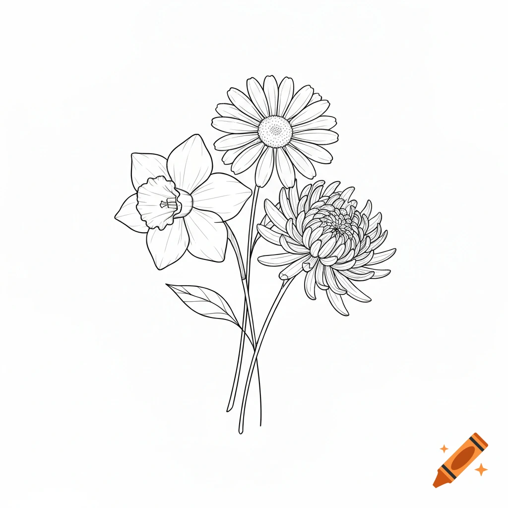 Black and white line art illustration of a daffodil, a daisy, and a chrysanthemum in a small bunch.