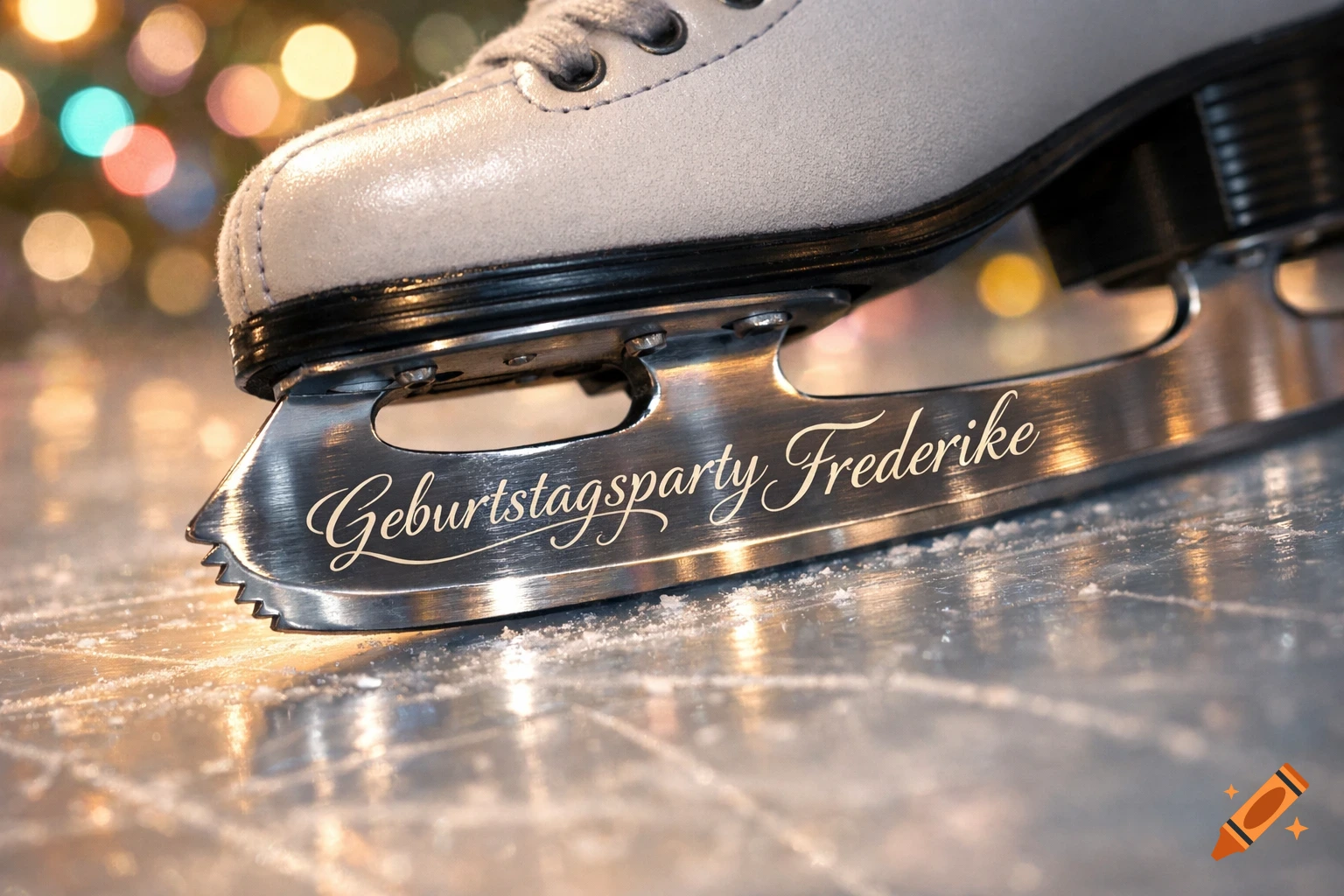 Close-up of a grey ice skate with 'Geburtstagsparty Frederike' engraved on its shiny blade, resting on ice with bokeh lights.