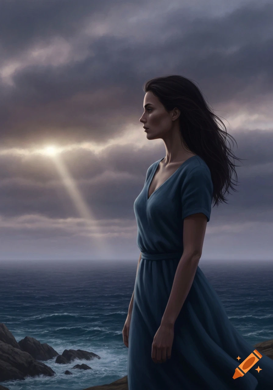 A woman in a teal dress stands on a cliff overlooking a stormy sea under a dramatic, cloudy sky with a sunray.